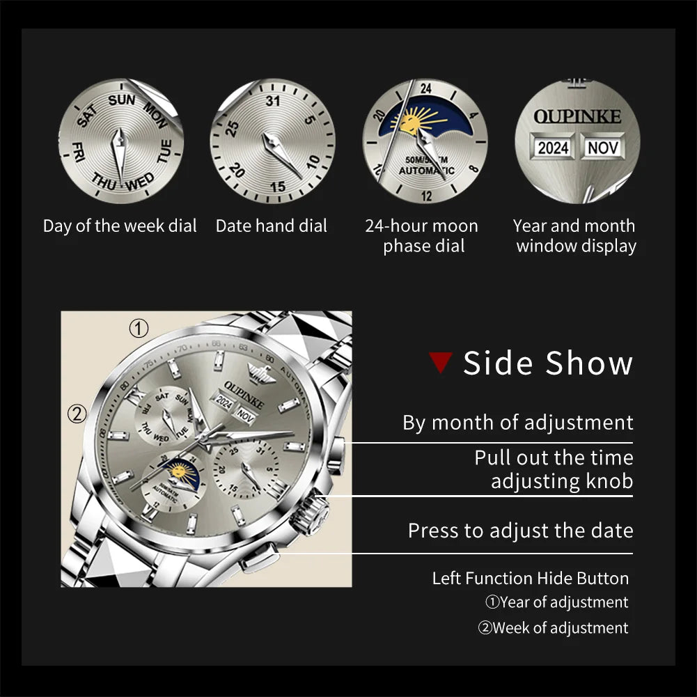 OUPINKE 3201 Multifunctional Men's Watches- Luxury Classic Automatic Mechanical Wrist Watch Gray Dial Date Week Display Watch