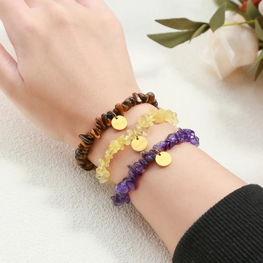 Natural Healing 10pc Natural Amethyst Tiger Eye Irregular Stone Wealth Lucky Pendant Bracelet- Unisex Trendy Stretch Yoga Meditation Gift