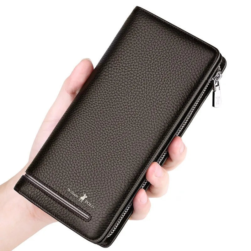 WILLIAMPOLO Men`s Wallet Long Style- High Quality Card Holder Male Purse Zipper Large Capacity Brand Cowhide Leather Wallet
