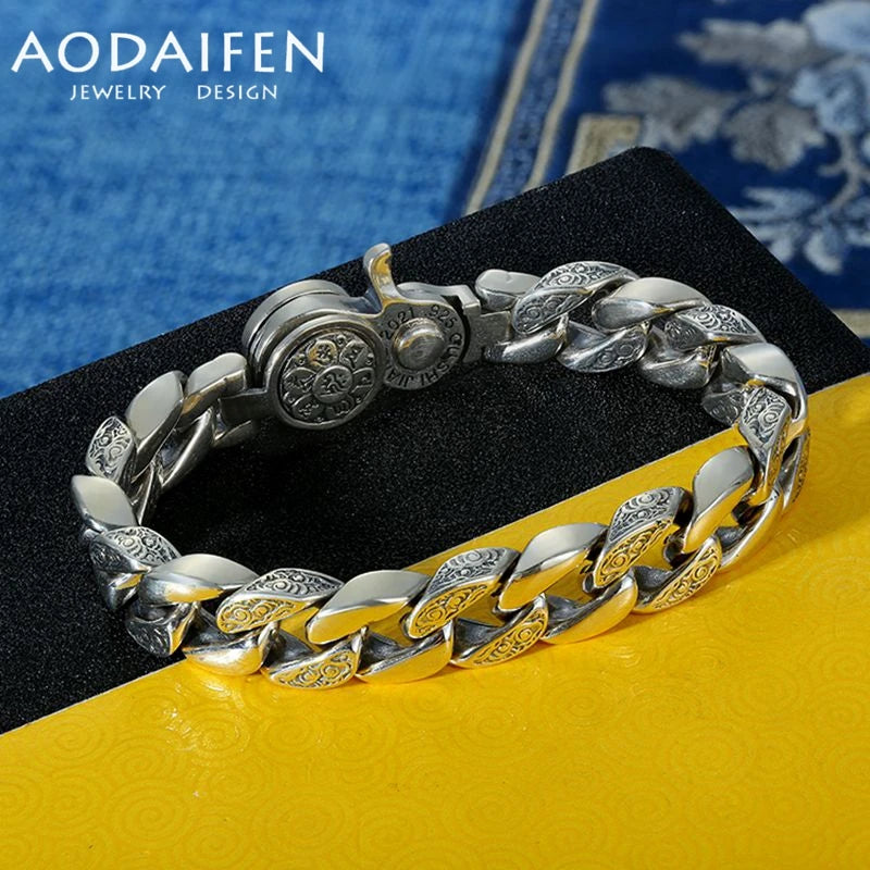 AODAIFEN S925 Sterling Silver Vintage Luxury Trend Rotatable Six-Character Mantra Men's Bracelet