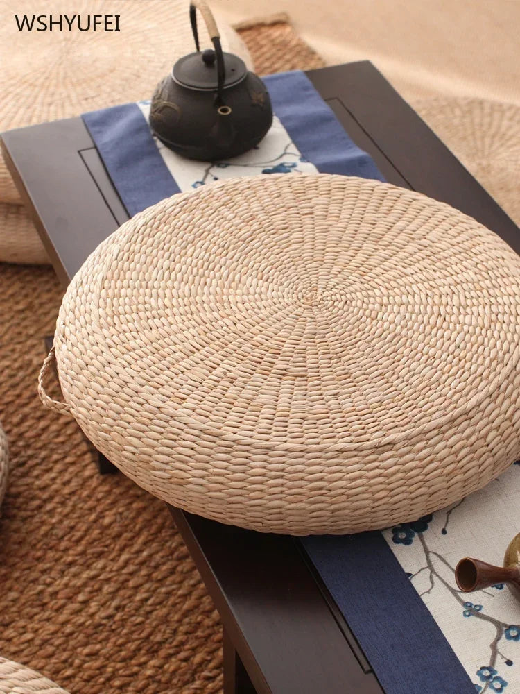 Japanese Style Futon Straw Cushion on the ground Thickened Round Tatami Cushions- Home Portable Sitting Cushion Meditation Mat