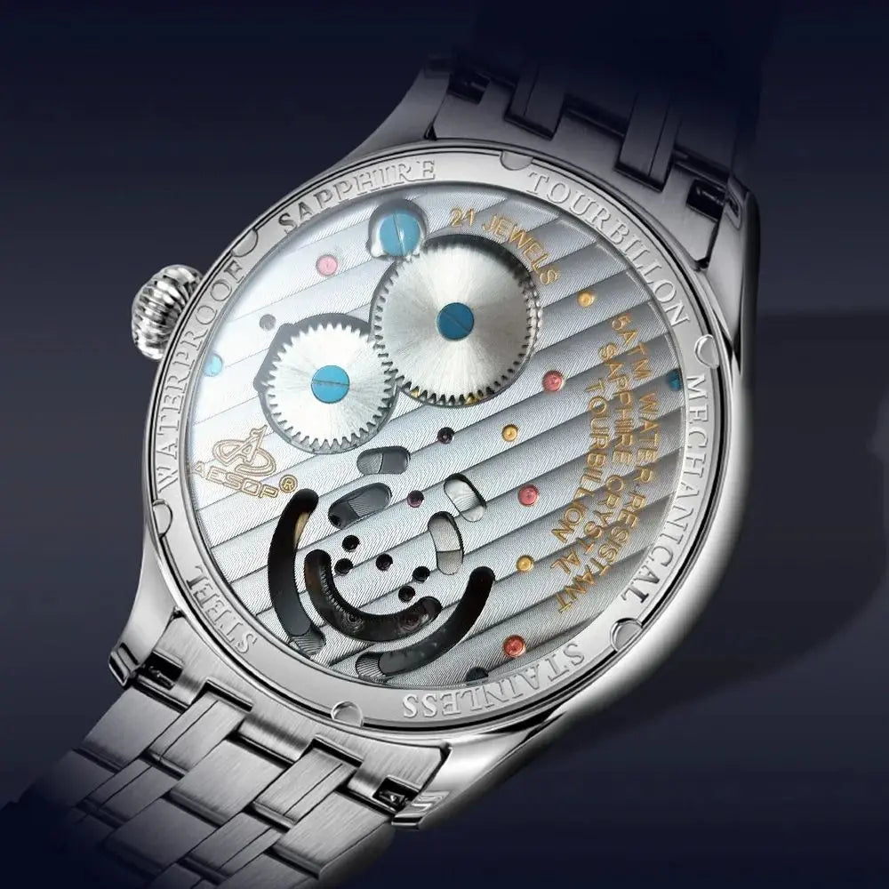 AESOP New Luxury Real Flying Tourbillon Mechanical Sapphire Waterproof Watch- Skeleton Men`s Wristwatches- Stainless Steel