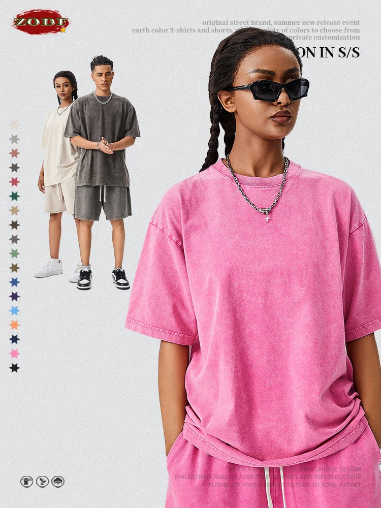 ZODF Men's Batik Washed 250gsm Retro Unisex Basic Loose Solid Cotton T-Shirt