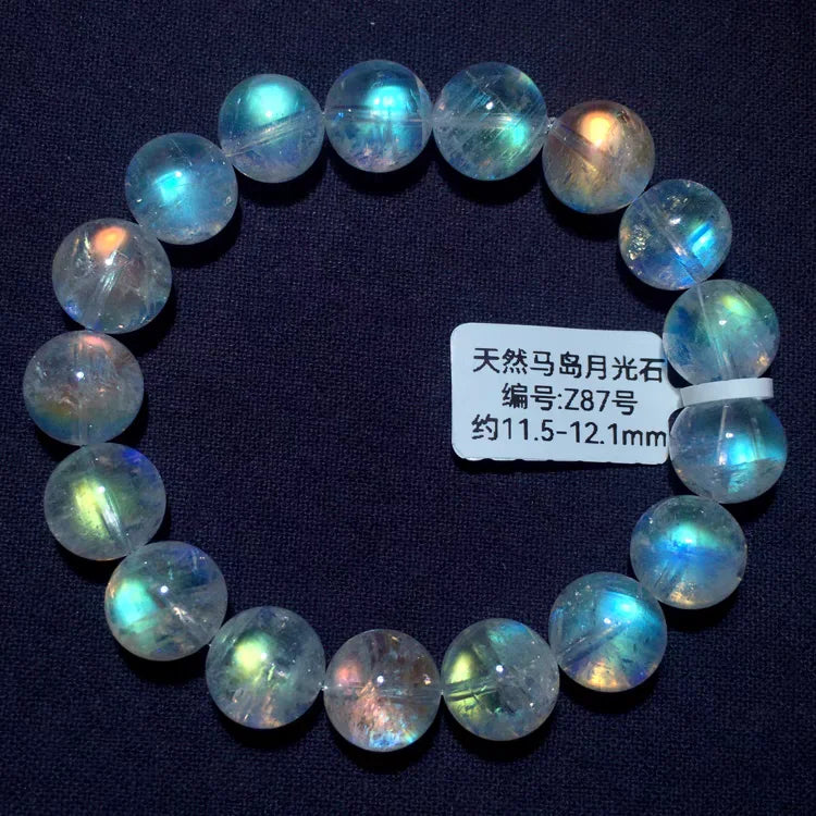 Natural Colorful Moonstone Clear Round Beads Bracelet 7mm 10mm 12mm Rainbow Unisex Fashion Jewelry Ma Island Moonstone AAAAA
