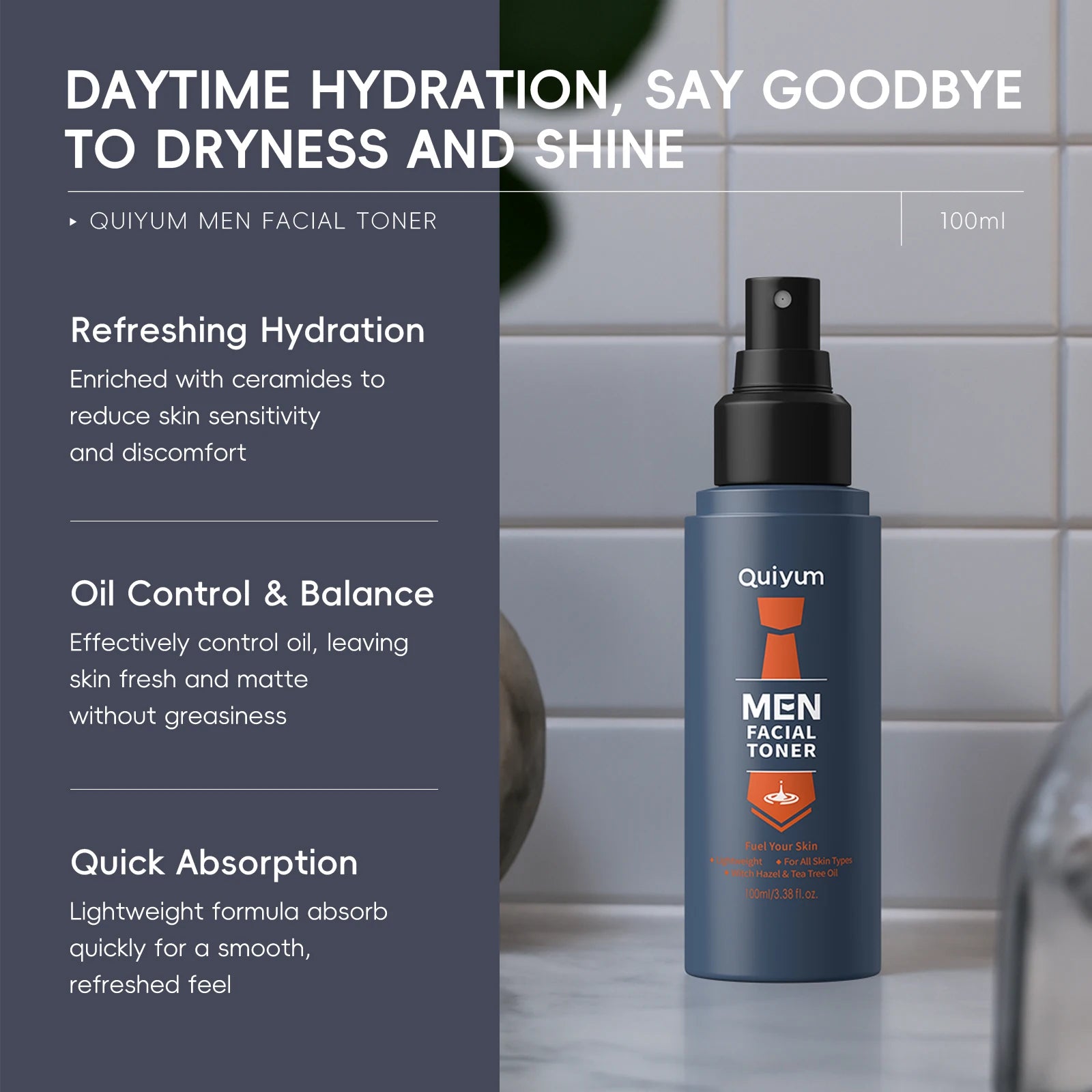 Quiyum Men Facial Toner 100ml- Oil Control Cool Hydration with Witch Hazel, Tea Tree & 5 Ceramides Strengthen Skin Barrier
