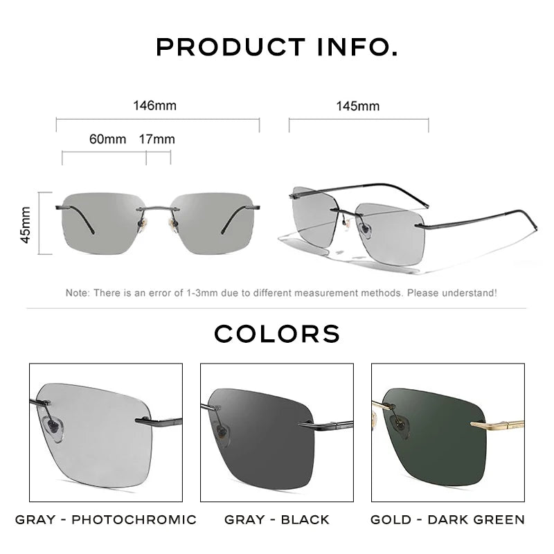 CAPONI Outdoor Sunglass Men`s  Polarized  Photochromic Ultra Light Pure Titanium  Rimless Sunglasses UV400 Protection ﻿BS28923