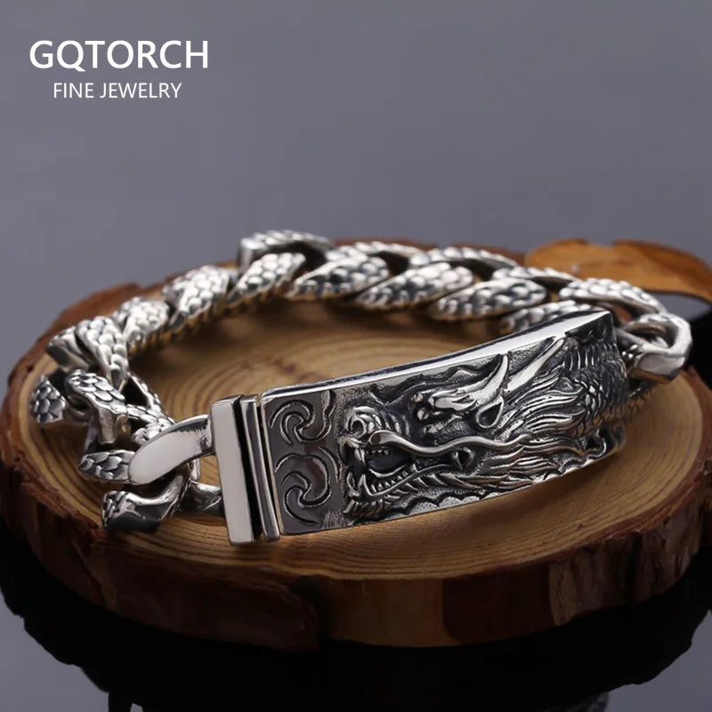 GQTouch Heavy 14mm Wide 925 Sterling Silver Thai Silver Dragon Bracelet Vintage Punk Rock Jewelry For Men