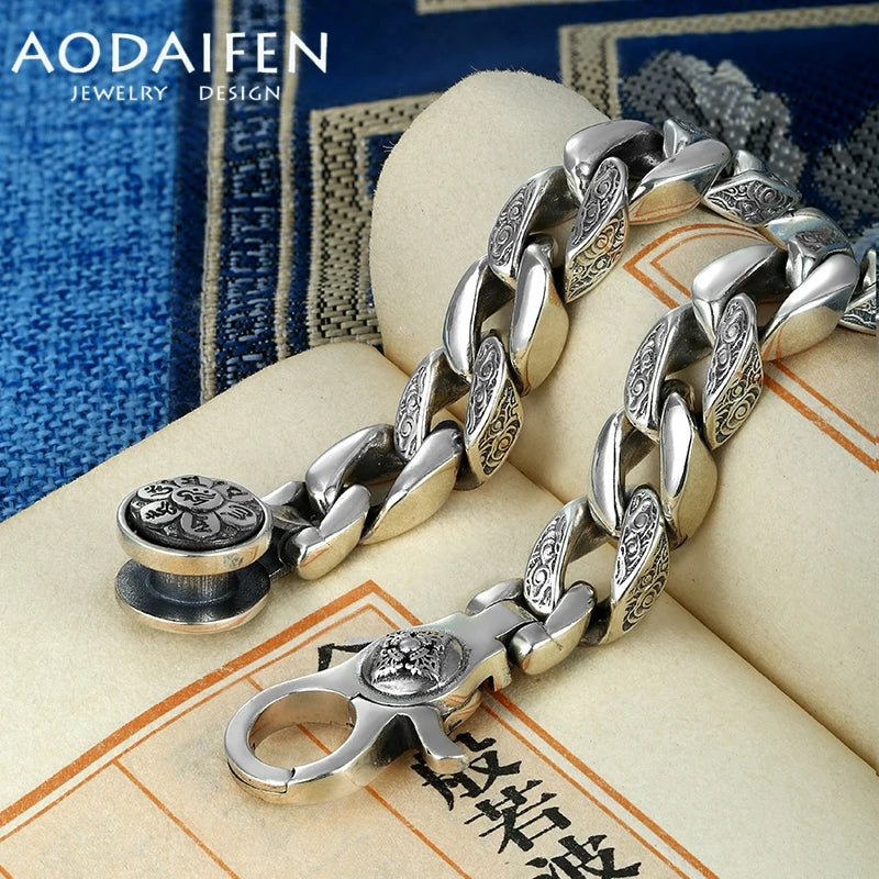 AODAIFEN S925 Sterling Silver Vintage Luxury Trend Rotatable Six-Character Mantra Men's Bracelet