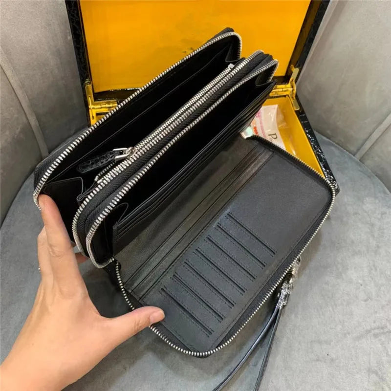 Authentic Crocodile Skin Businessmen Long Organizer Wallet Wristlets Clutch Bag- Genuine Real Alligator Leather Men`s Card Purse