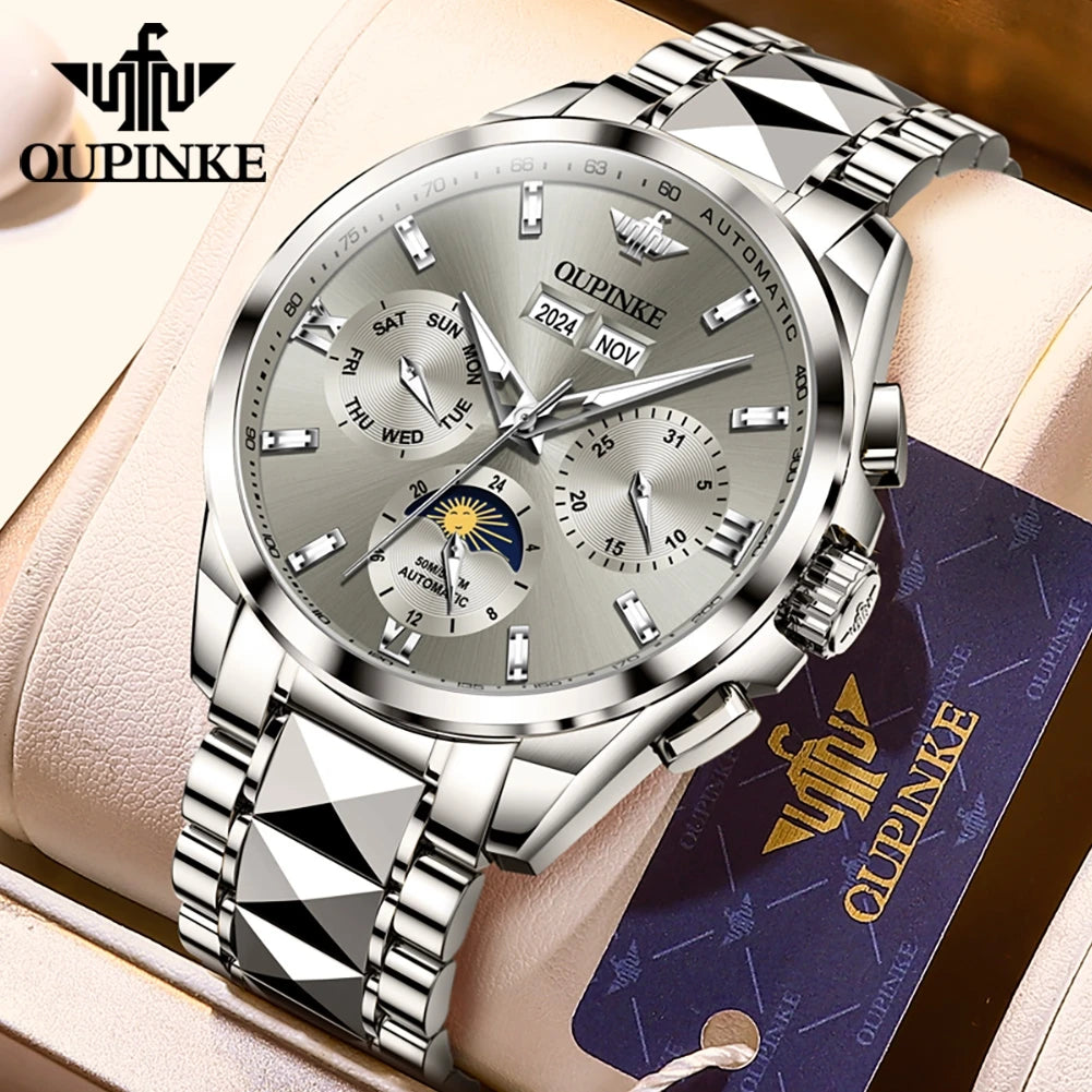 OUPINKE 3201 Multifunctional Men's Watches- Luxury Classic Automatic Mechanical Wrist Watch Gray Dial Date Week Display Watch