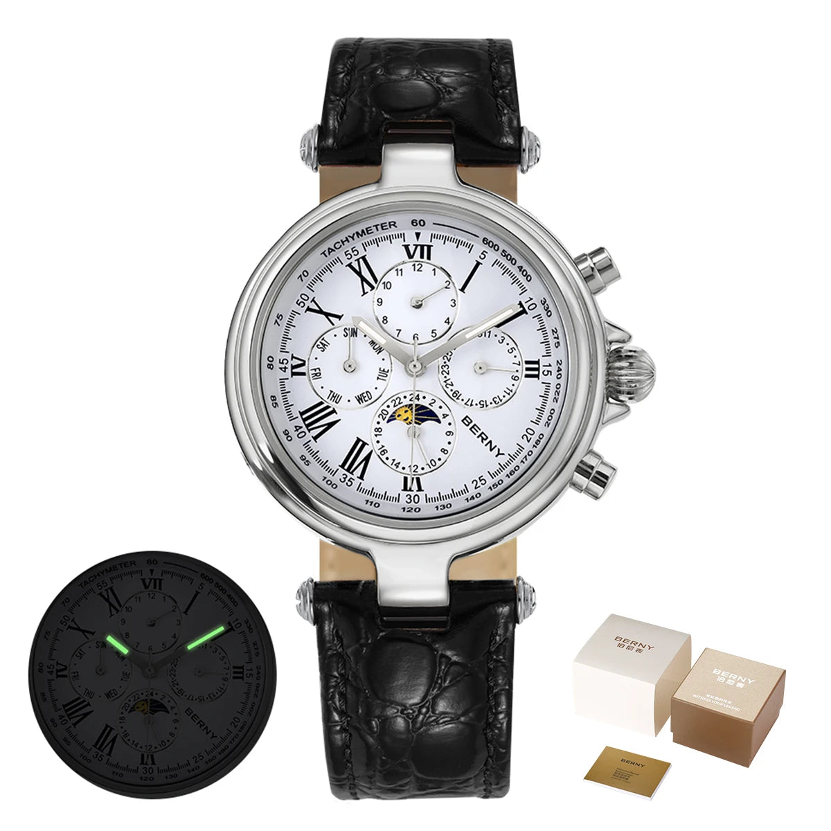 BERNY Automatic Retro Watch for Men Sun & Moon Phase Luxury Mechanical  Luminous Seagull ST1652 - Reloj Hombre