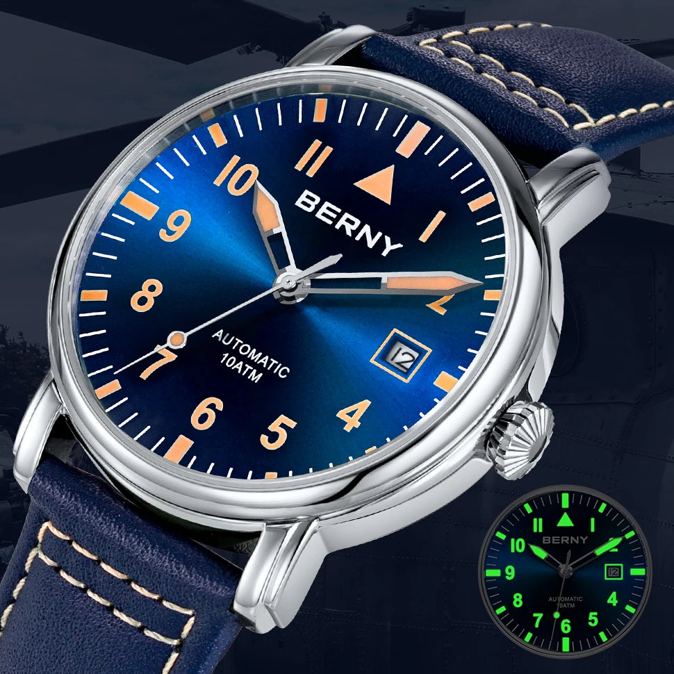 BERNY Pilot Automatic Watch for Men- Mechanical Luminous Army Military Vintage with Sapphire Waterproof 100m Diver Wristwatch Men