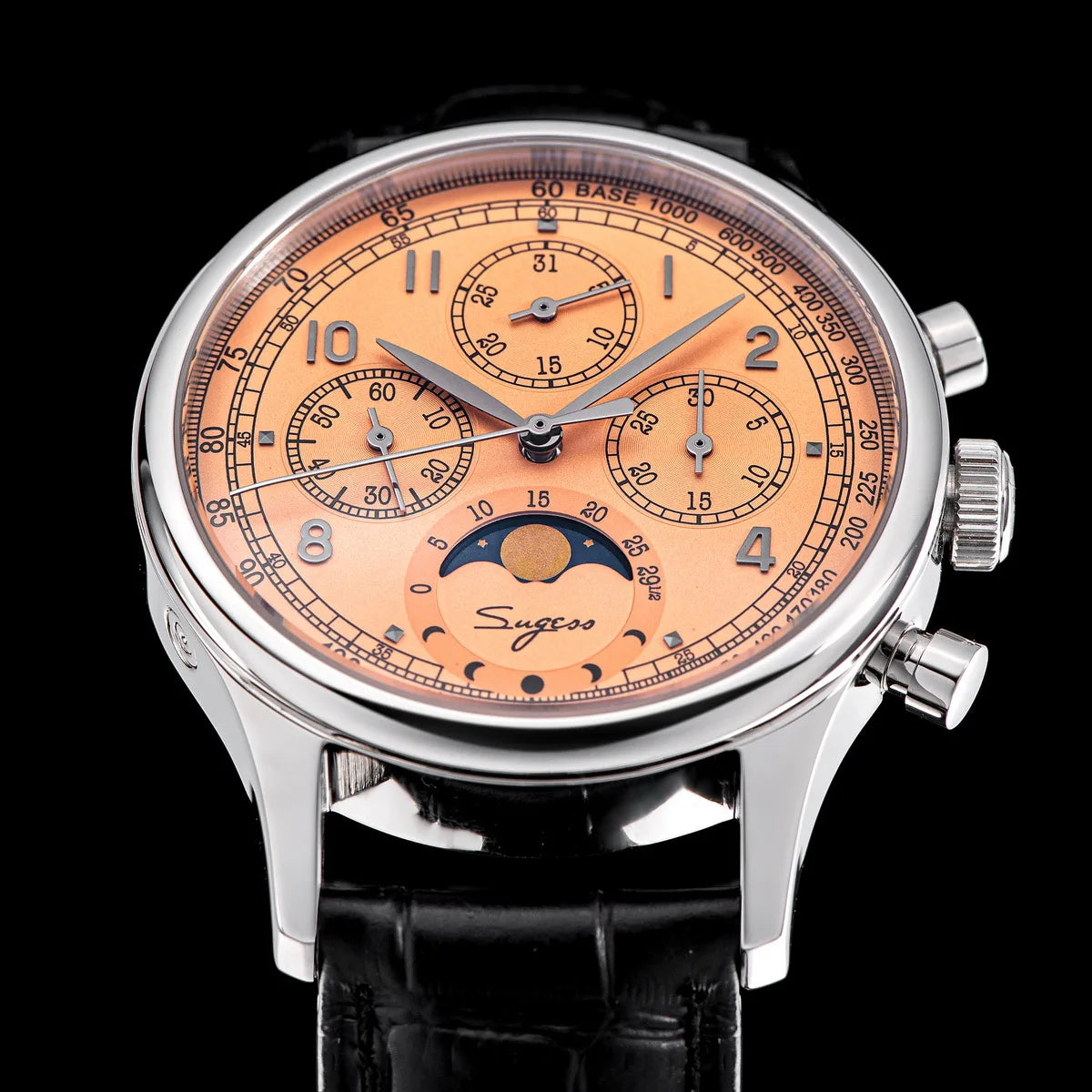Sugess Watch of Men Chronograph Tianjin ST1908 Swanneck Movement Moon phase Business Mechanical Wristwatches with Sapphire Lens.