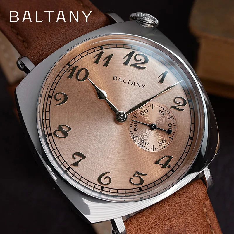 Baltany 1921 Vintage Homage Watch S4046 Sub-second Seagull 1701 Cockeyed Salmon Dial Square Case Men Stainless Steel Wristwatch