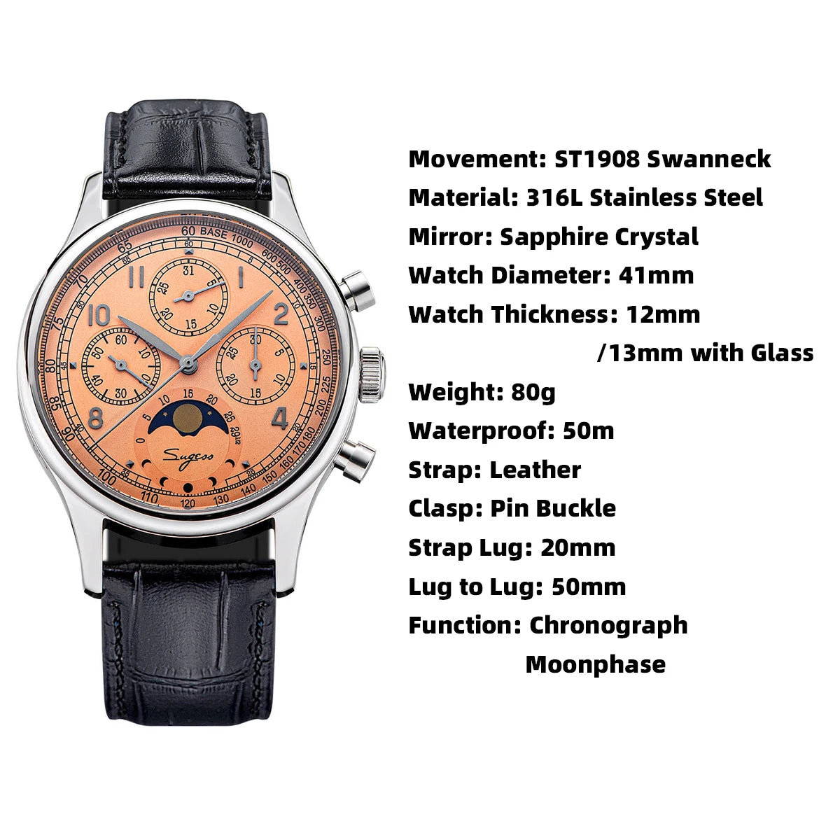 Sugess Watch of Men Chronograph Tianjin ST1908 Swanneck Movement Moon phase Business Mechanical Wristwatches with Sapphire Lens.