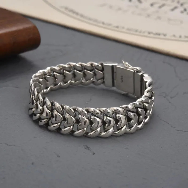 BOCAI S925 Sterling Silver Personalized Domineering Punk Style Fashionable 16mm Heart-shaped Strap Bracelet- Men's