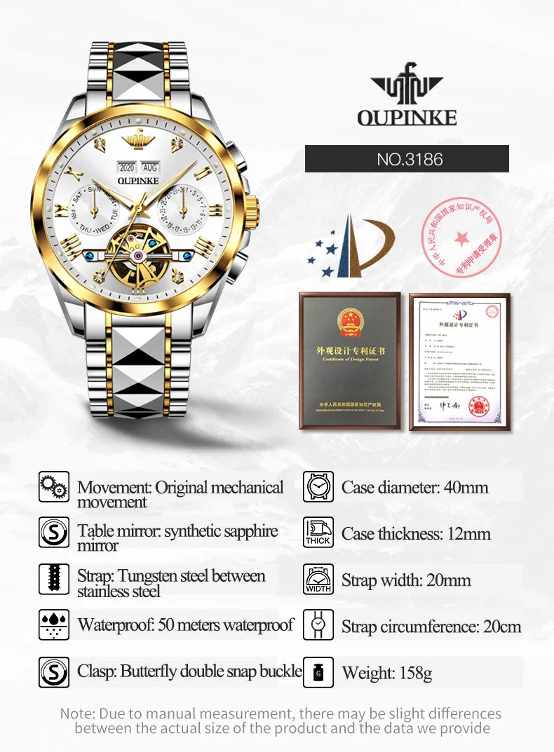 OUPINKE Original Automatic Mechanical Watch for Men- High-End Tourbillon Skeleton Men's Watches Top Luxury Dress Wristwatches