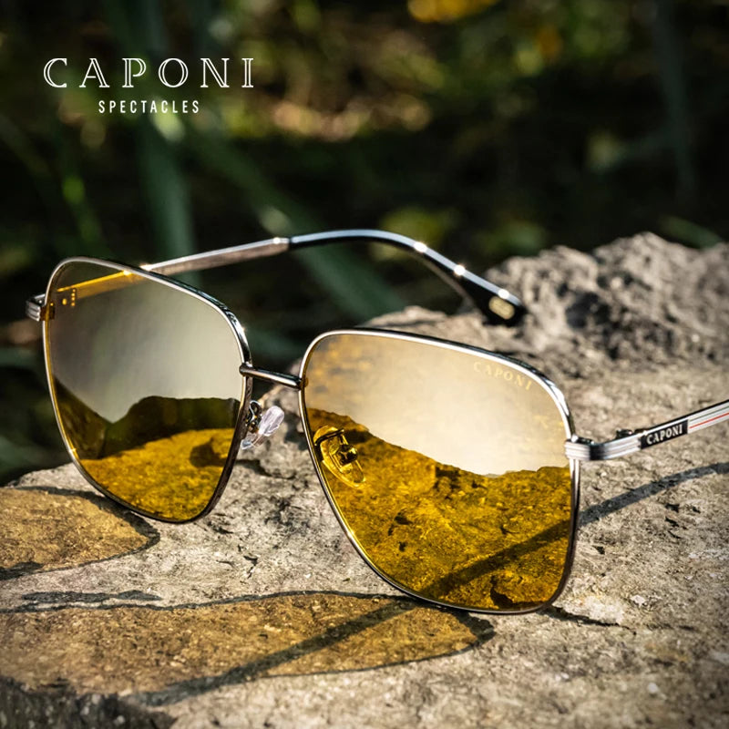 CAPONI Day Night Vision Sunglasses For Men- Photochromic Brown Driving Yellow Sun Glasses Original Design UV400 Eyewear BSYS23031