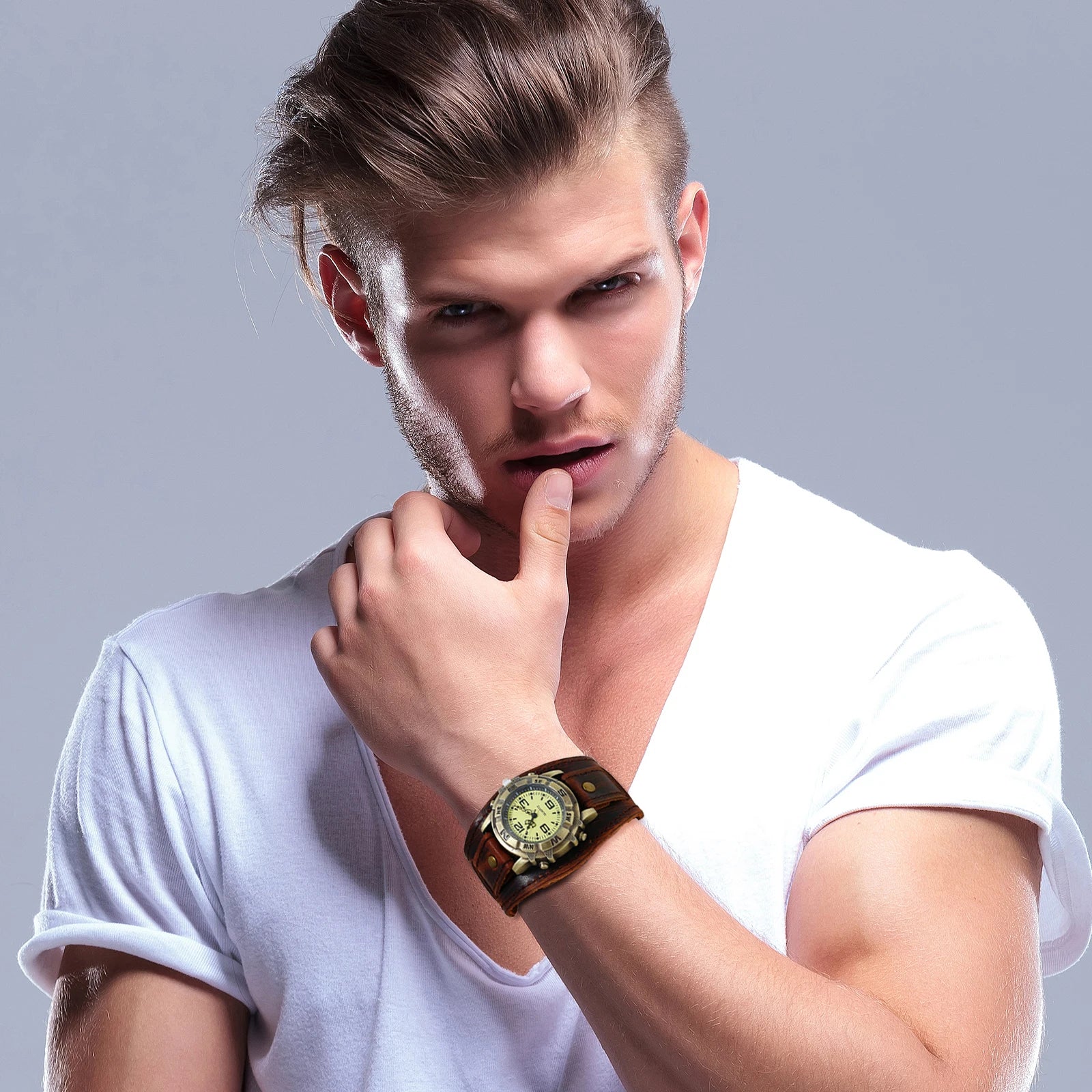 LANCARDO Men's Steampunk Retro Genuine Leather Quartz Wristwatch