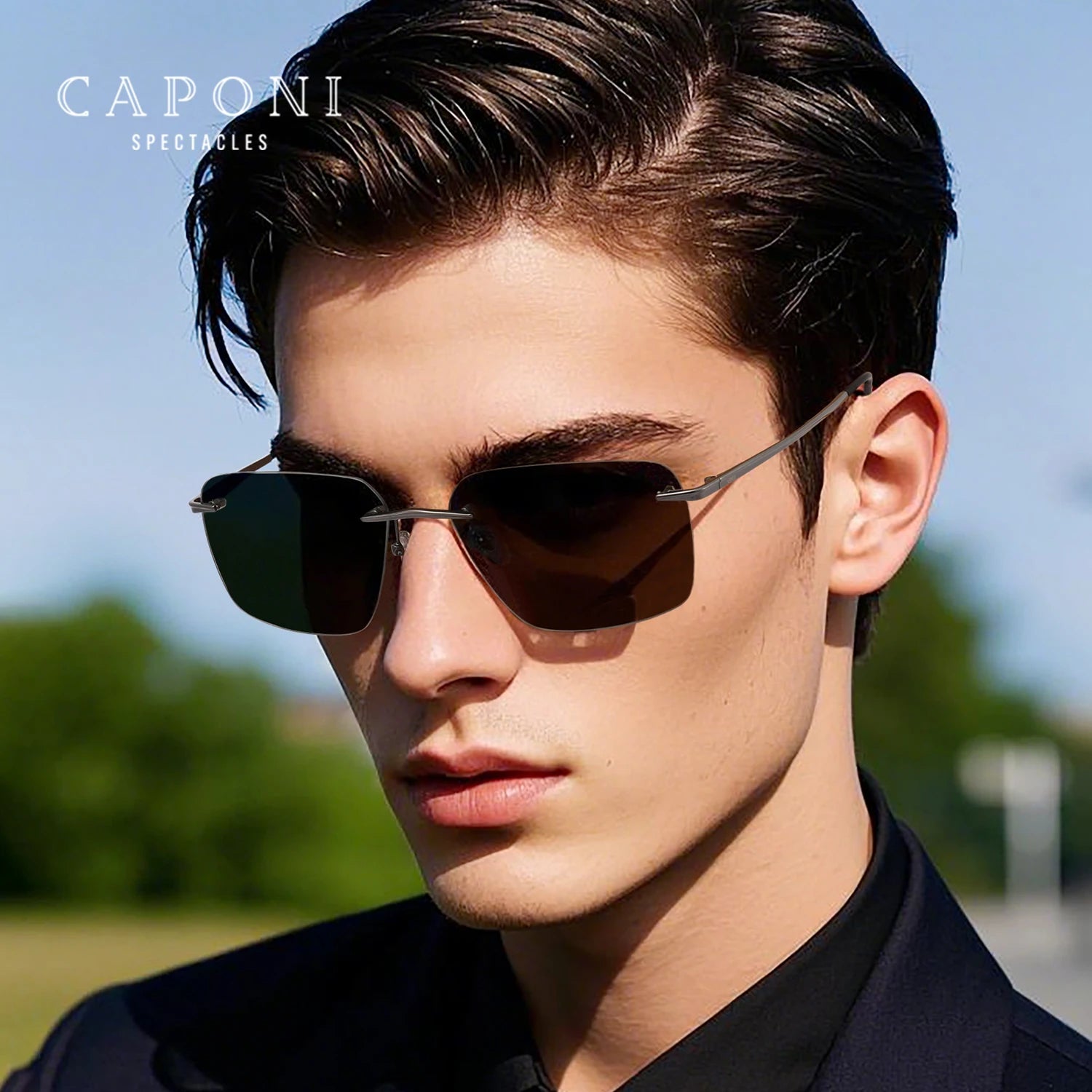 CAPONI Outdoor Sunglass Men`s  Polarized  Photochromic Ultra Light Pure Titanium  Rimless Sunglasses UV400 Protection ﻿BS28923