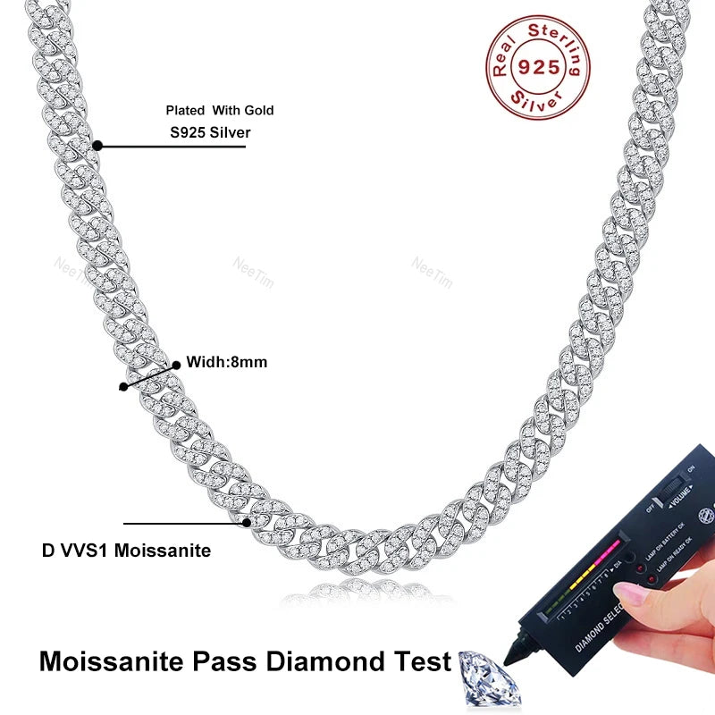 NeeTim 8mm Full Moissanite Cuban Necklaces for Men- D Color Lab Diamond S925 Sterling Silver Hip Hop Jewelry Neck Chain