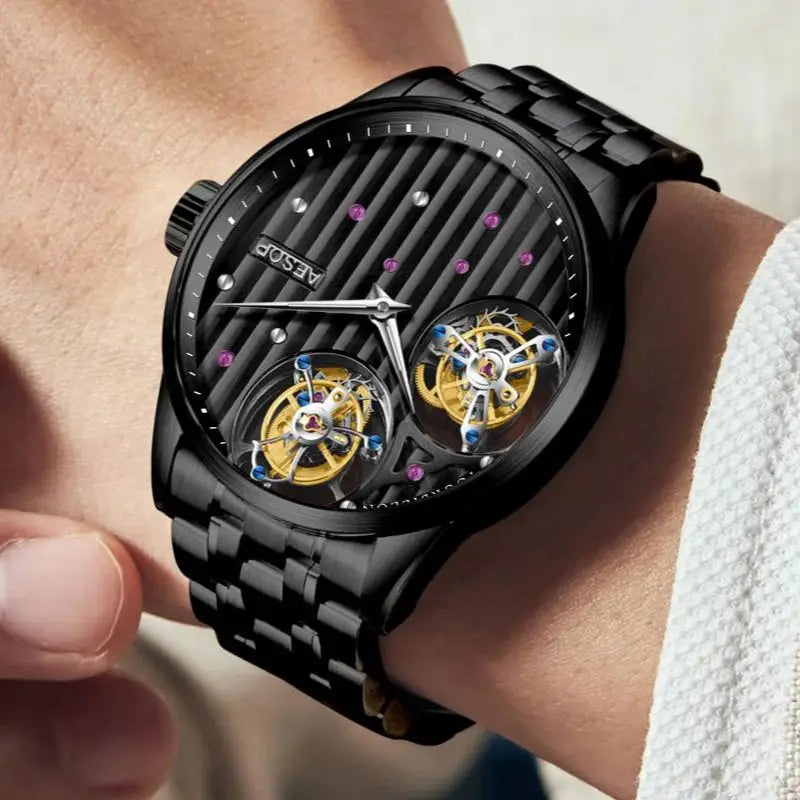 AESOP New Double Tourbillon Movement Mechanical Watches For Men- Male Skeleton Wrist Watch with Luxury Waterproof Sapphire Mirror Lens.