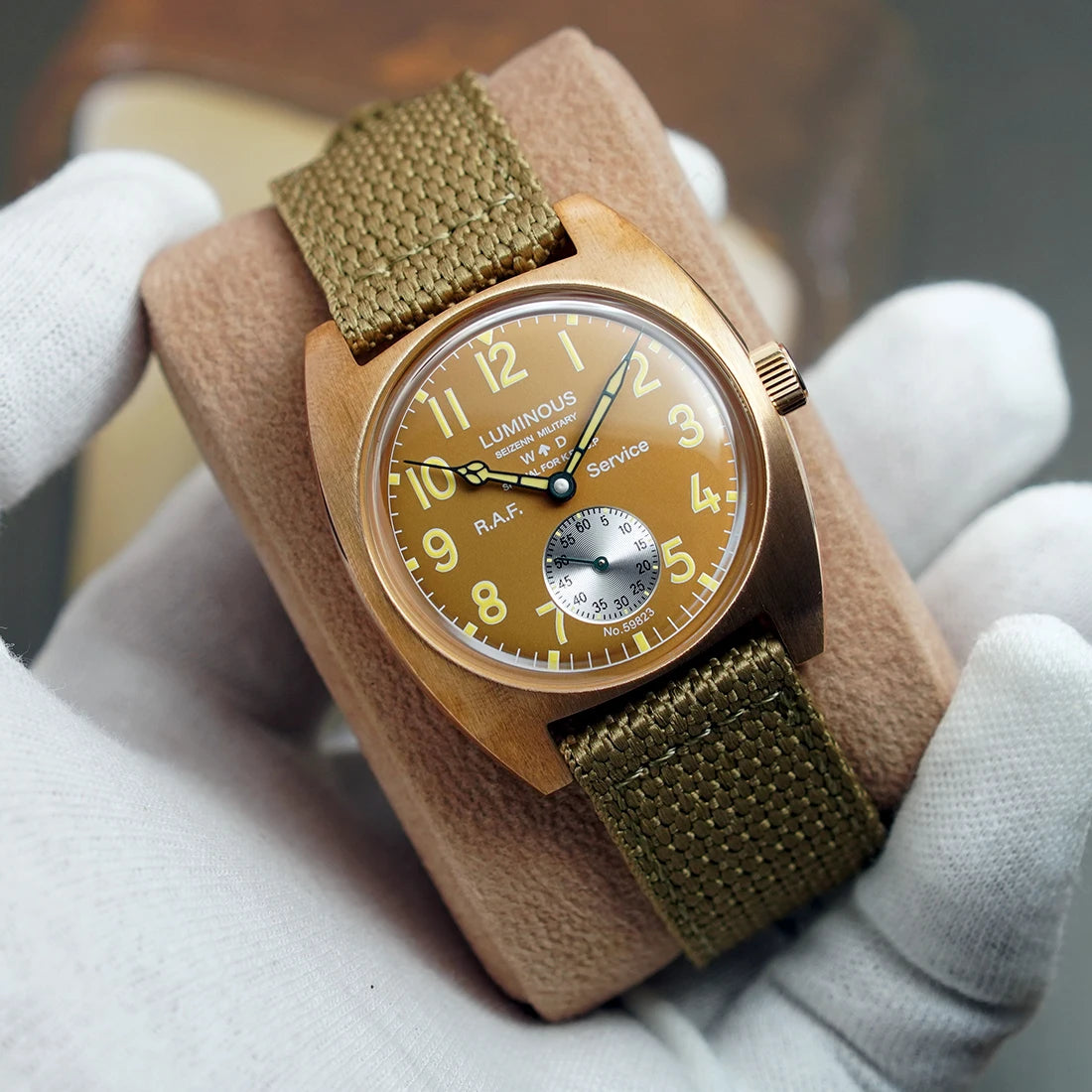 Seizenn W10 Field Watch Retro Arrow Pilot Watch- Men`s Mechanical Manual Hand Wind Luminous Merkur CUSN8 Bronze Turtle Case WWW