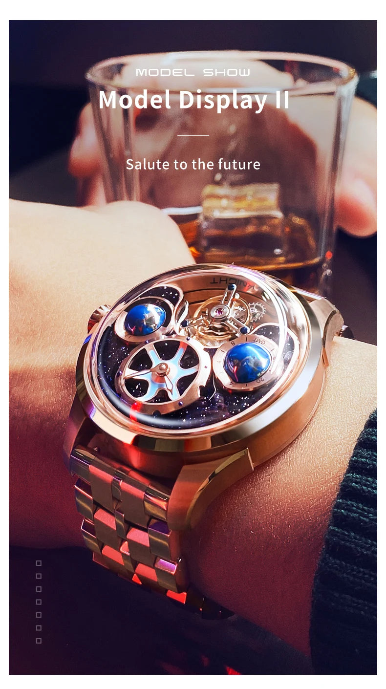 IDEAL KNIGHT 6805 Tourbillon Automatic Mechanical Watch for Men- GMT Multi Temporal Zone Setting High-End Luxury Men`s Wrist Watch