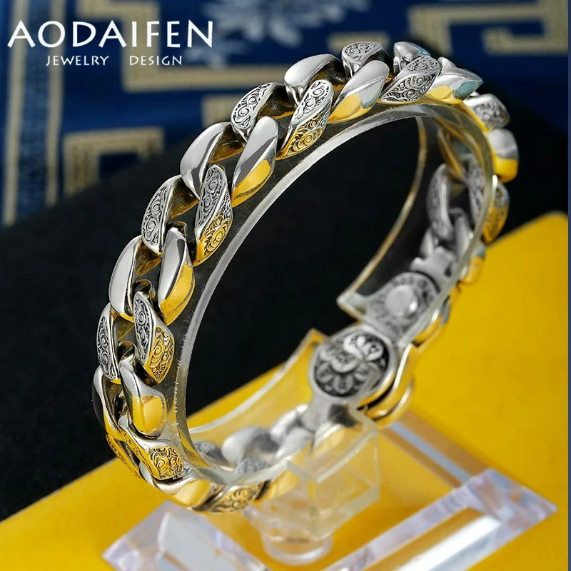AODAIFEN S925 Sterling Silver Vintage Luxury Trend Rotatable Six-Character Mantra Men's Bracelet