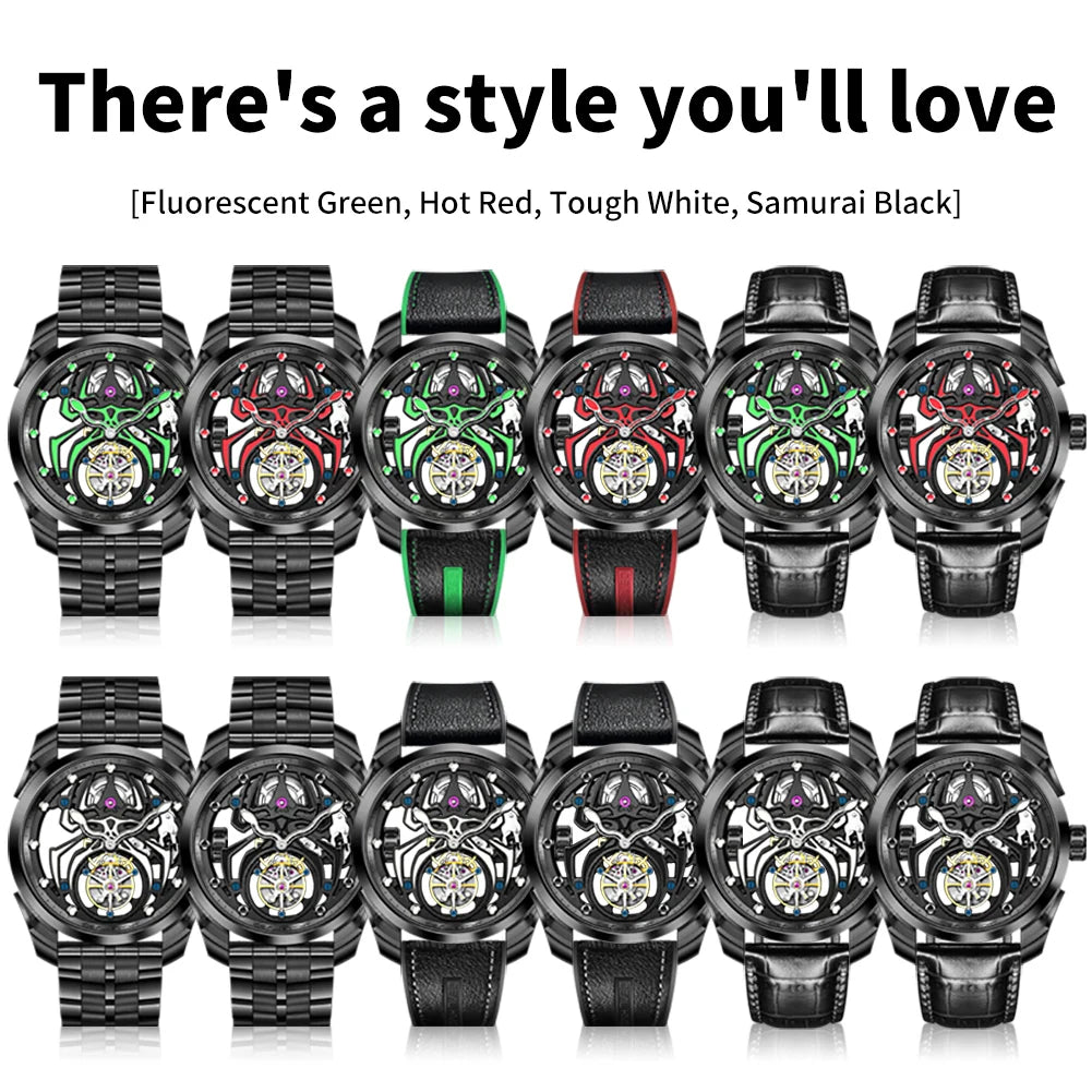 Ideal Knight 6802 Tourbillon Watch for Men- Black Tungsten Steel Deep Waterproof Luminous Spider Automatic Mechanical Men's Watch
