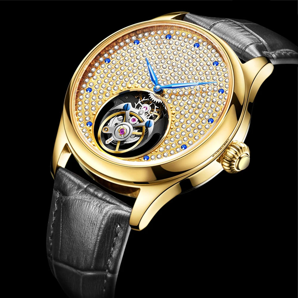 AESOP Luxury Starry Sky Men's Tourbillon Mechanical Watch, Manual movement Hollow Full Diamond Steel Watch, 3Bar Leather Strap A