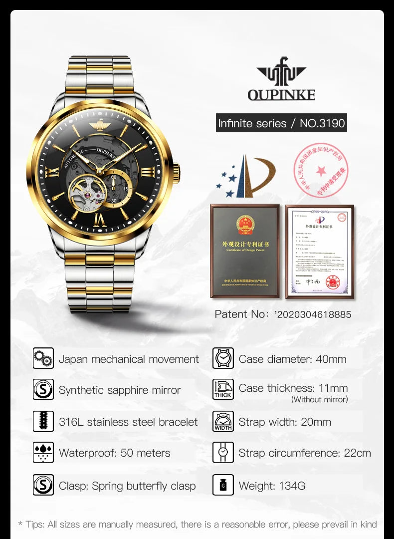 OUPINKE 3190 Automatic Mechanical Watch for Men with Optima Design and Sapphire Crystal Mirror Finish - DeRae's Shop For Goods