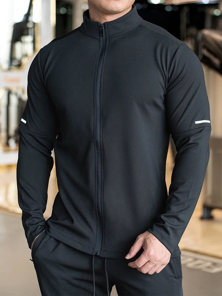 Men's Sports Fitness Casual Tops Long Sleeve Stand Up Collar- Solid Color Jacket Jogging Workout Sweatshirt with Zip Long Sleeves.