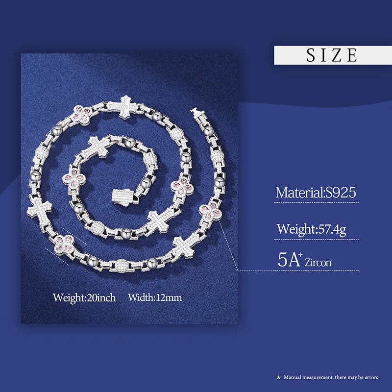 925 Sterling Silver Water Drop Cross Ball Chain Bracelet- Iced Out Luxury Bling Pink CZ Necklace For Men