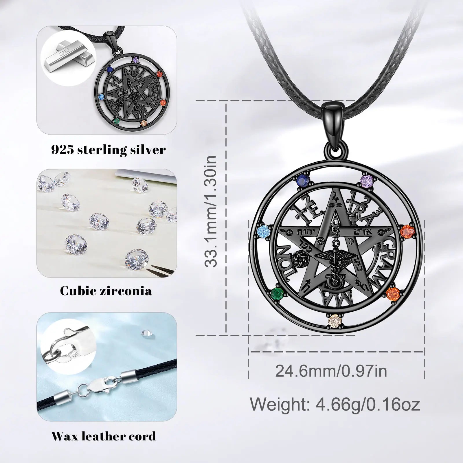 Eudora 925 Sterling Silver Pentagram Necklace Unisex - 18K Gold 7 Color Chakra Tetragrammaton Pendant Amulet Jewelry