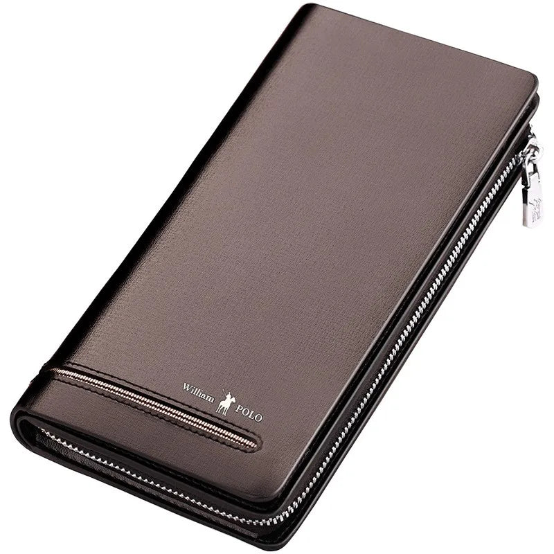 WILLIAMPOLO Men`s Wallet Long Style- High Quality Card Holder Male Purse Zipper Large Capacity Brand Cowhide Leather Wallet
