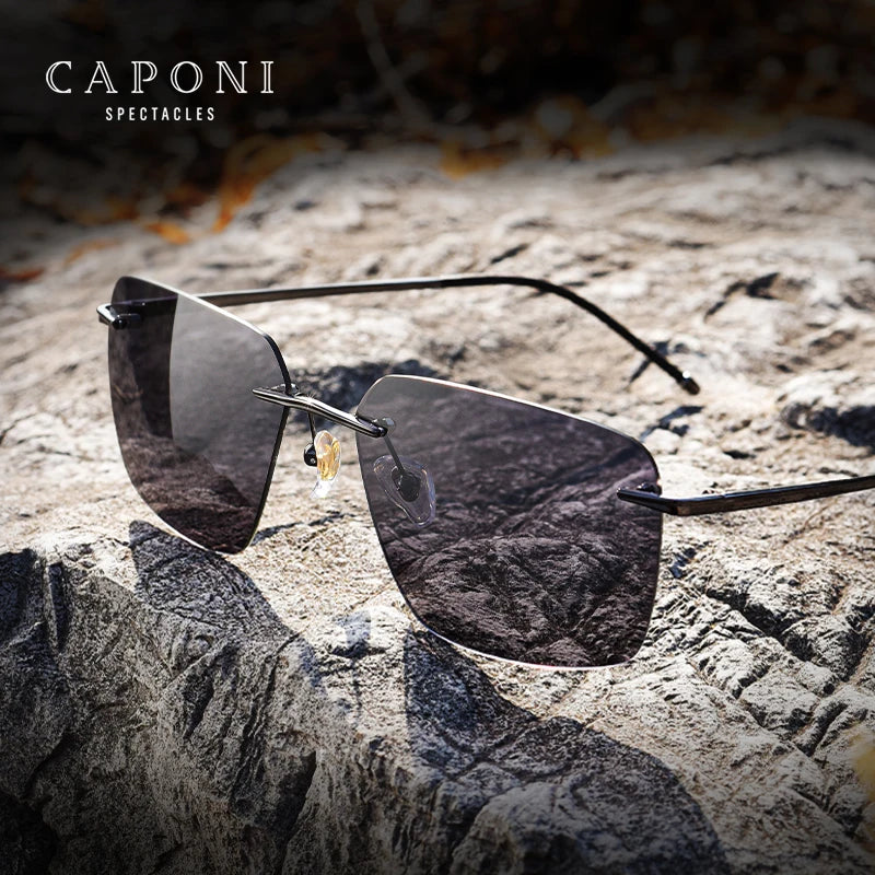 CAPONI Pure Titanium Photochromic Sunglasses- Rimless Polarized Driving Men's Sun Glasses with Ultra Light UV400 Brand Shades BS28923