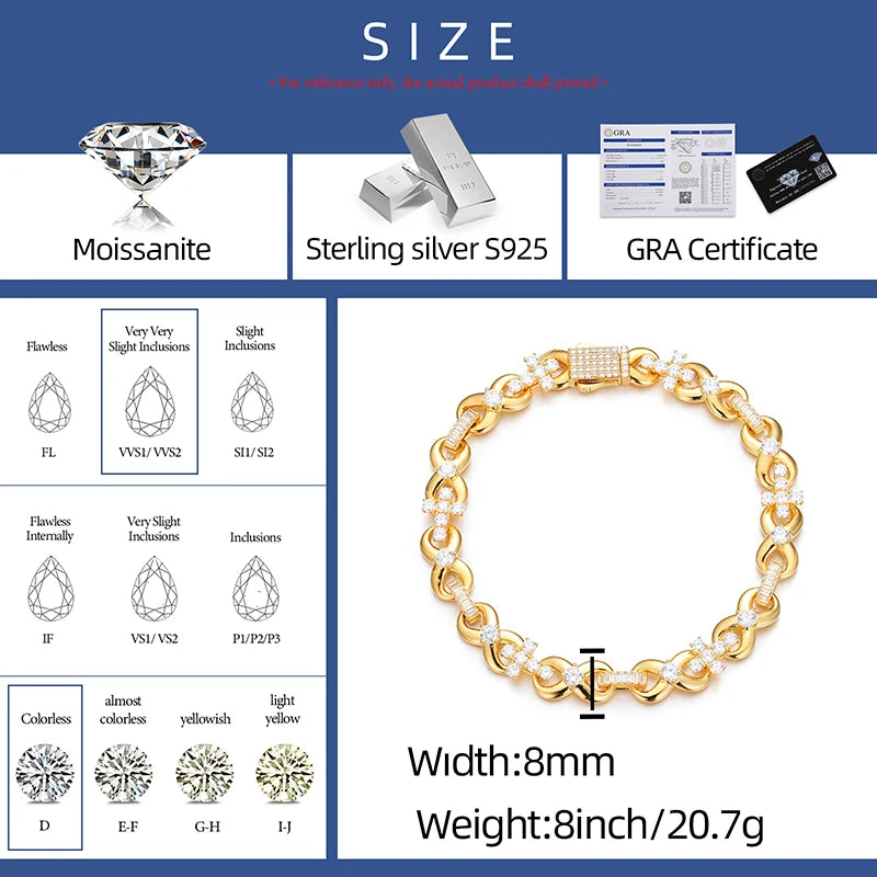 S925 Men`s Moissanite Sterling Silver Iced Out Cross Infinity Bracelet With Baguette Link