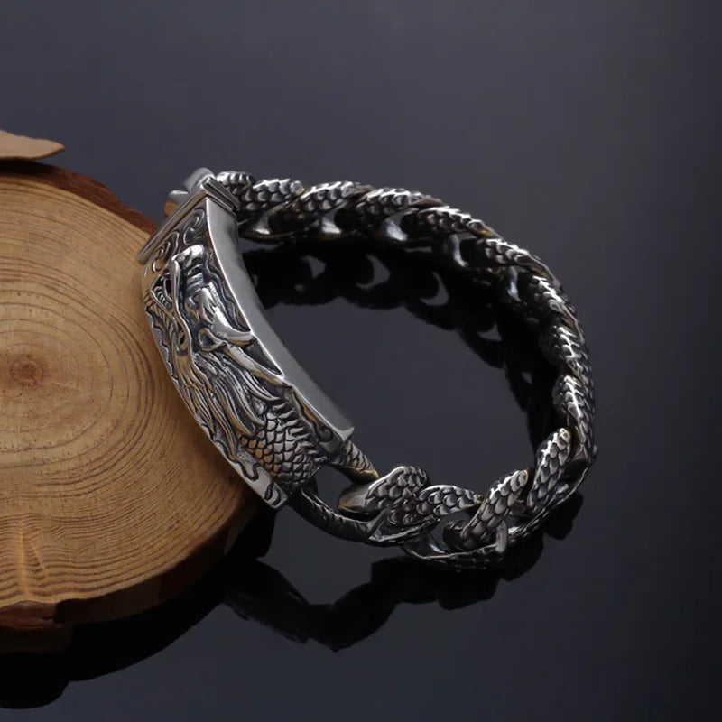 GQTouch Heavy 14mm Wide 925 Sterling Silver Thai Silver Dragon Bracelet Vintage Punk Rock Jewelry For Men