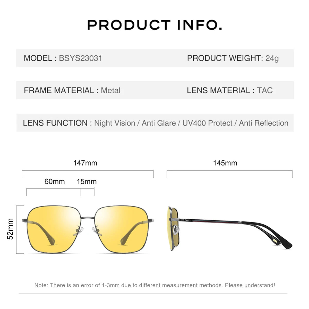 CAPONI Day Night Vision Sunglasses For Men- Photochromic Brown Driving Yellow Sun Glasses Original Design UV400 Eyewear BSYS23031