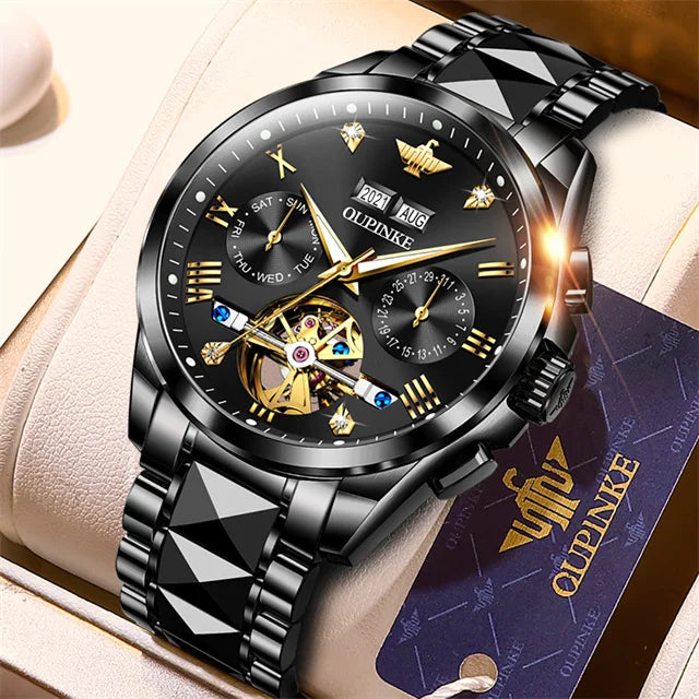 OUPINKE Original Automatic Mechanical Watch for Men- High-End Tourbillon Skeleton Men's Watches Top Luxury Dress Wristwatches