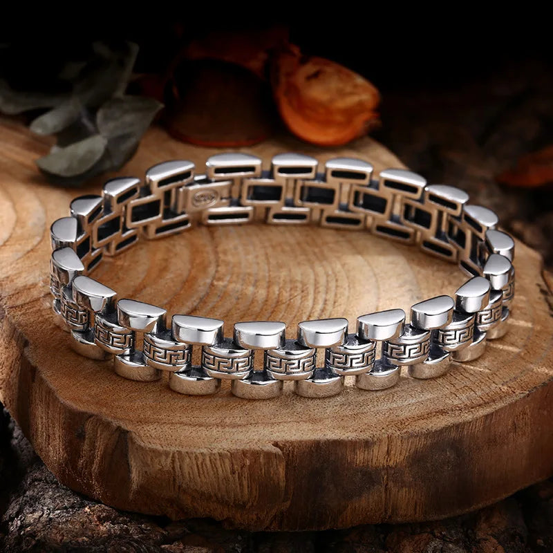 S925 Sterling Silver Bocai Vintage Personality Tank Chain "loop" Pattern Strap Bracelet