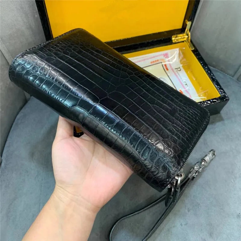 Authentic Crocodile Skin Businessmen Long Organizer Wallet Wristlets Clutch Bag- Genuine Real Alligator Leather Men`s Card Purse