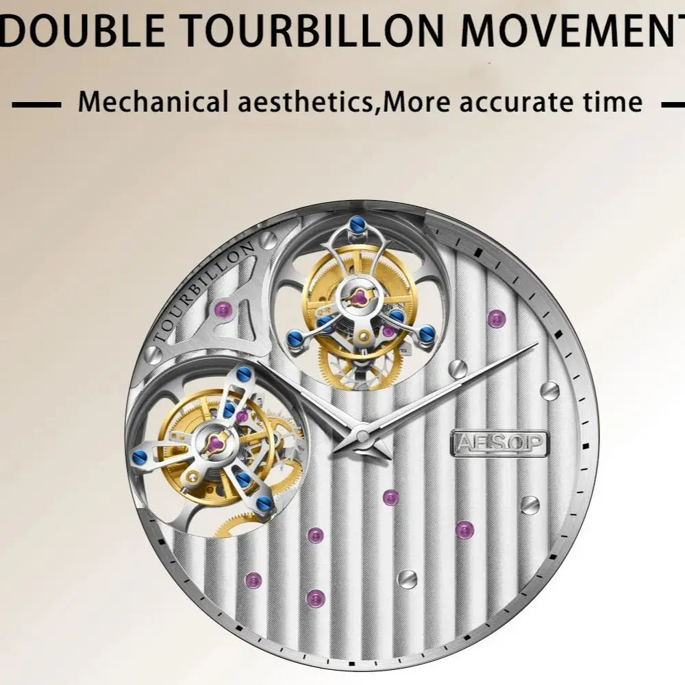 AESOP New Double Tourbillon Movement Mechanical Watches For Men- Male Skeleton Wrist Watch with Luxury Waterproof Sapphire Mirror Lens.