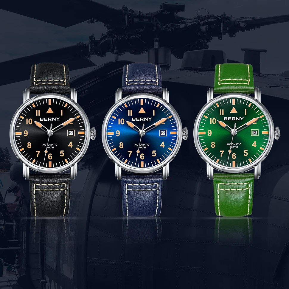 BERNY Pilot Automatic Watch for Men- Mechanical Luminous Army Military Vintage with Sapphire Waterproof 100m Diver Wristwatch Men