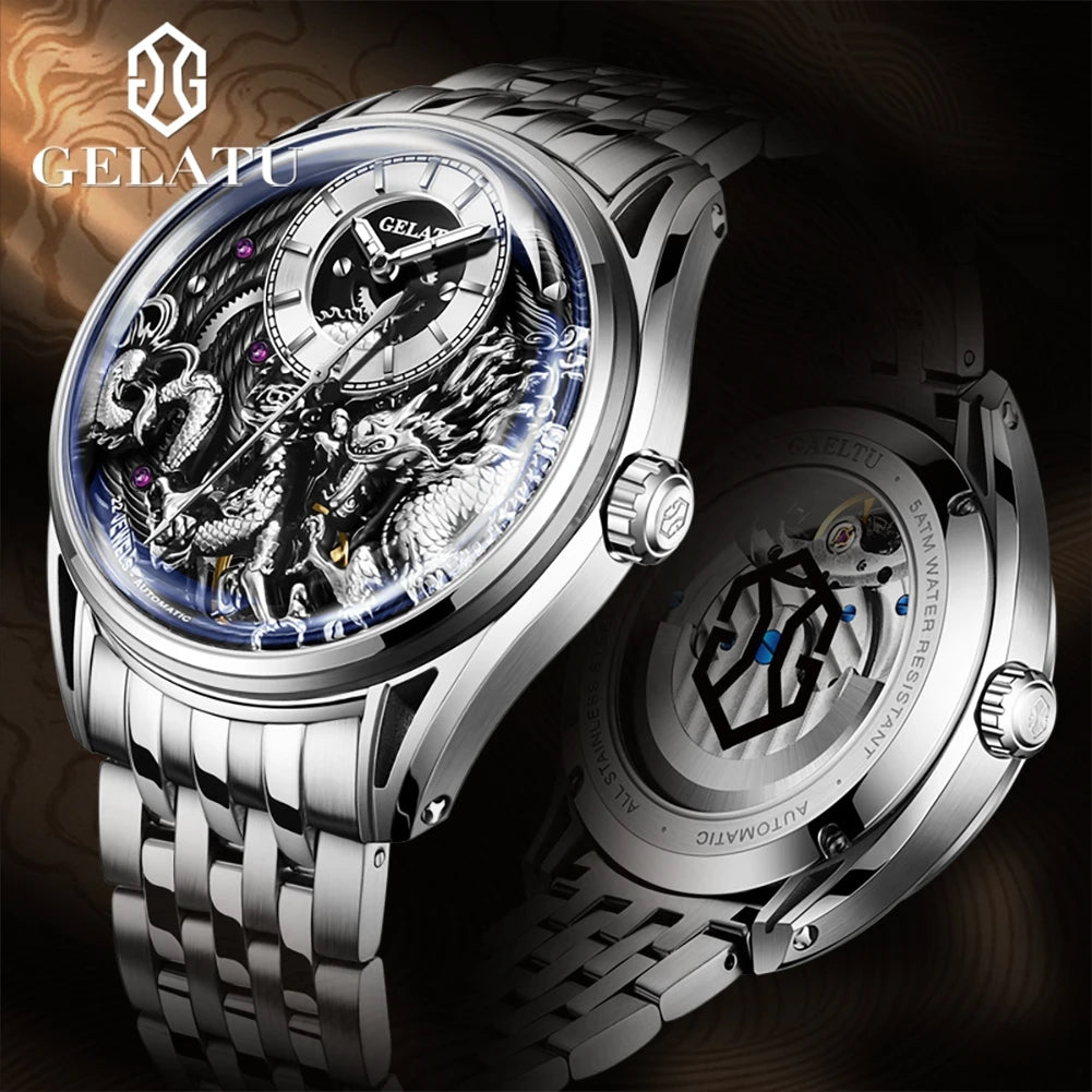 GELATU Dragon Men`s Luxury Classic Stainless Steel Silver Automatic Mechanical Waterproof Wristwatch - DeRae's Shop For Goods