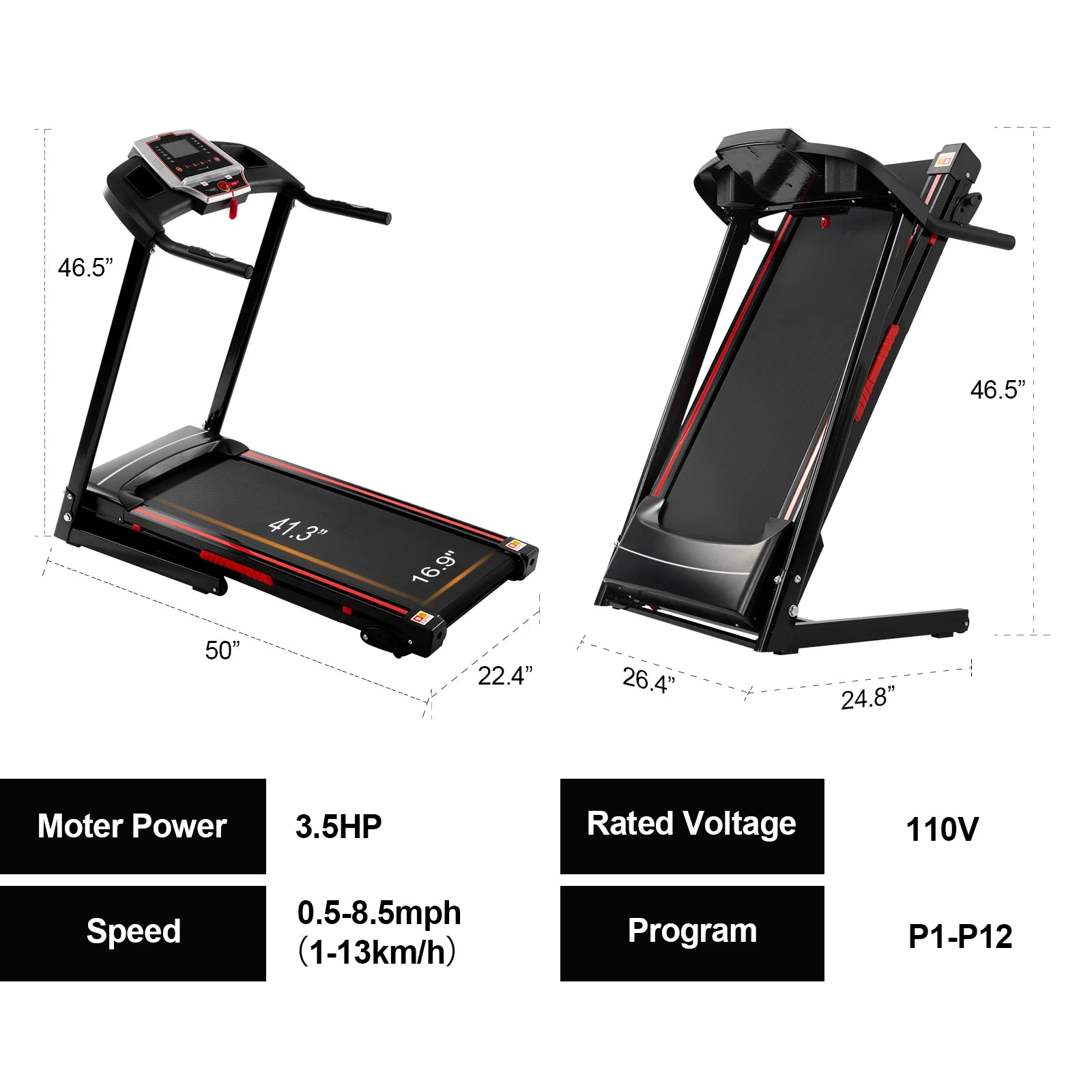 Folding Treadmills for Home - 3.5HP Portable Foldable with Incline, Electric Treadmill for Running, Walking, and Jogging Exercise with Display Screen.