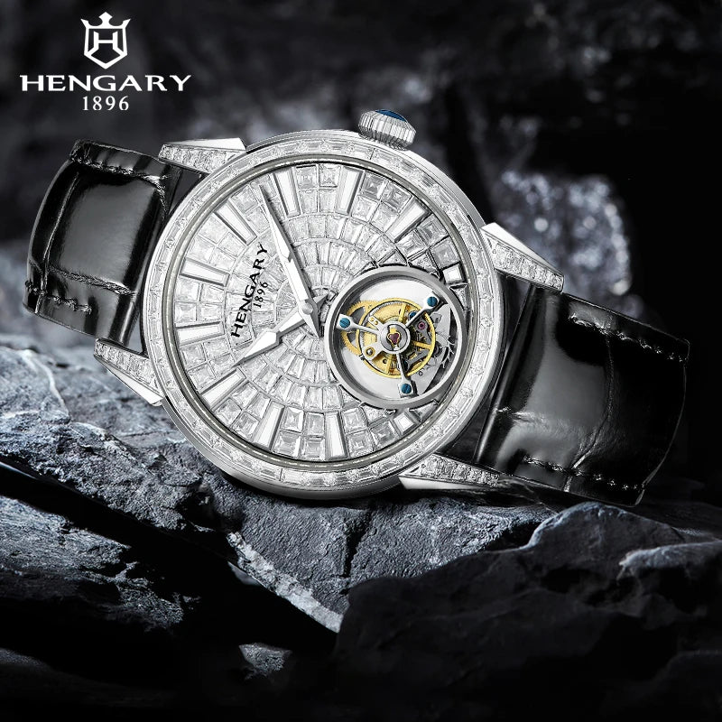 HENGARY Luxury Diamond-Set Tourbillon Gentlemen's Watch- Automatic Movement  Black Calfskin Strap 50m ATM 43mm Dial Zircon
