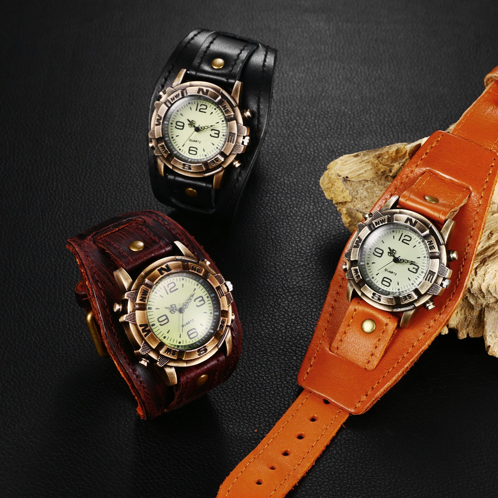 LANCARDO Men's Steampunk Retro Genuine Leather Quartz Wristwatch