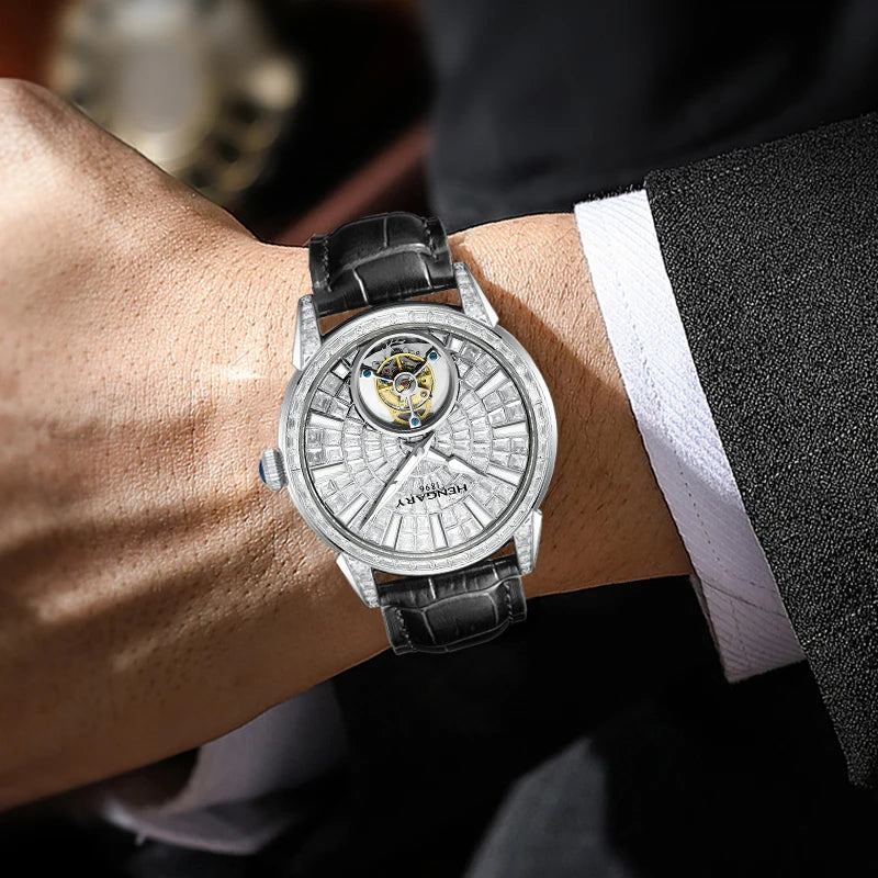 HENGARY Luxury Diamond-Set Tourbillon Gentlemen's Watch- Automatic Movement  Black Calfskin Strap 50m ATM 43mm Dial Zircon